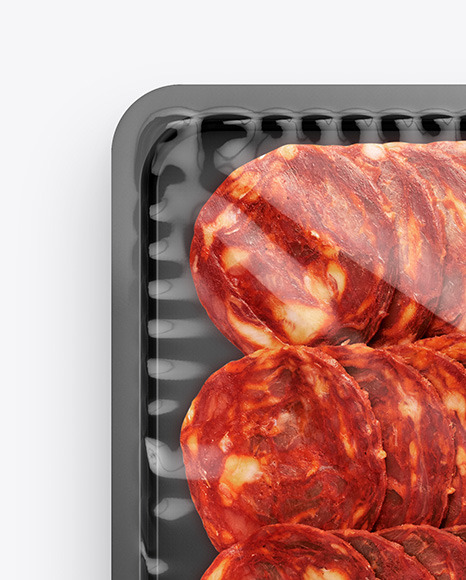 Plastic Tray With Glossy Film &amp; Chorizo Sausage Mockup