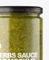 Clear Glass Jar with Spicy Herbs Sauce Mockup