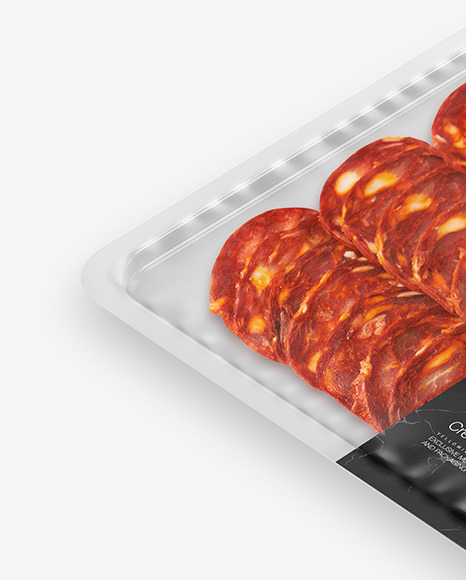 Plastic Tray With Matte Film & Sliced Chorizo Sausage Mockup Half View