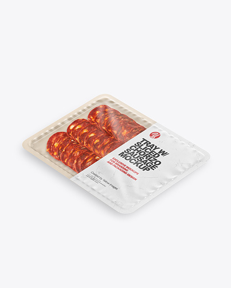 Plastic Tray With Matte Film & Sliced Chorizo Sausage Mockup Half View
