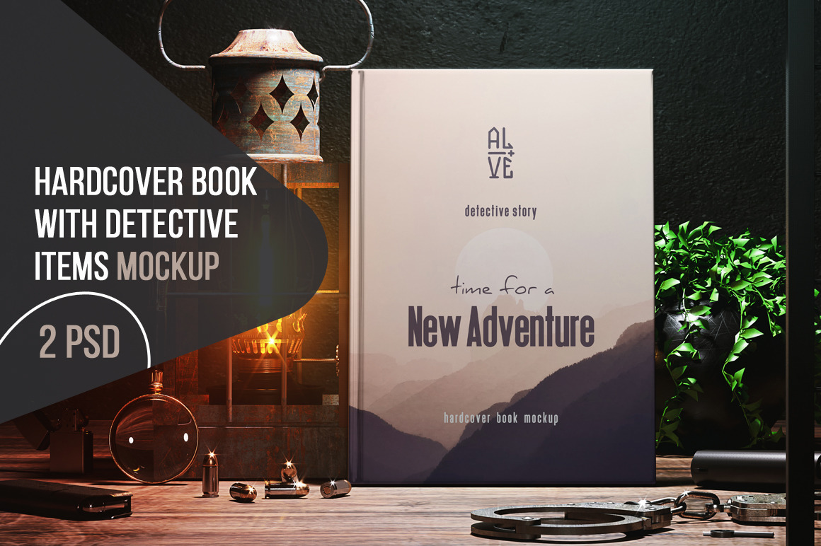 Hardcover Book With Vintage Detective Items Mockup