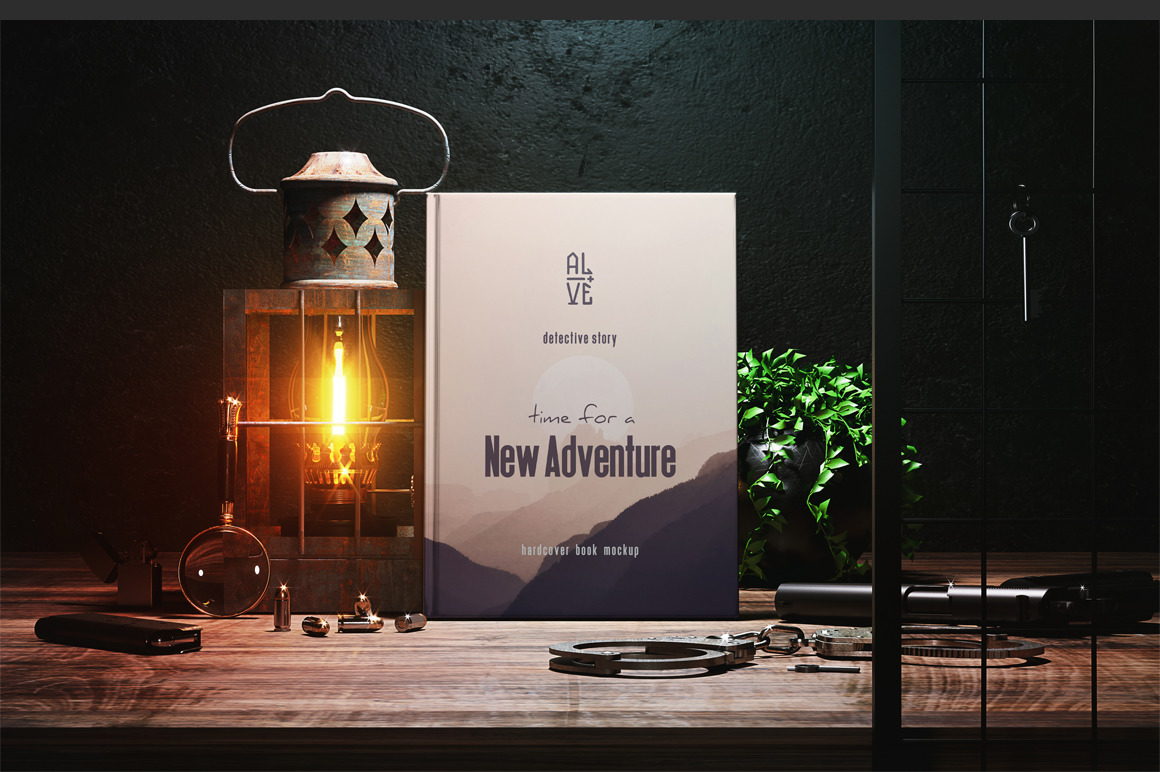 Hardcover Book With Vintage Detective Items Mockup