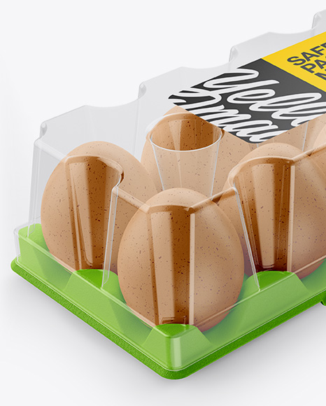 10 Egg Pack with Transparent Cap Mockup - Half Side View (High-Angle Shot)