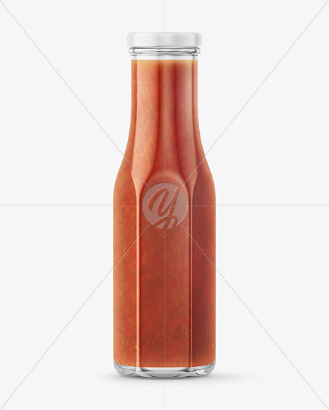 Glass Bottle with Red Sauce and Glossy Label Mockup