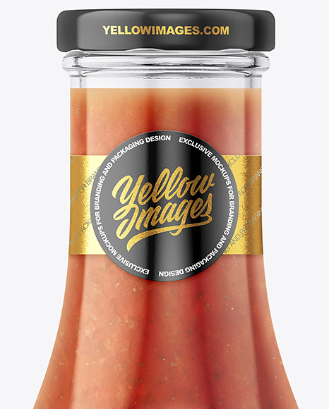 Glass Bottle with Red Sauce and Glossy Label Mockup