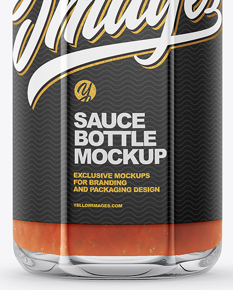 Glass Bottle with Red Sauce and Glossy Label Mockup
