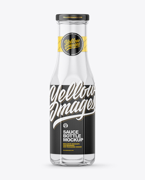 Glass Bottle with Red Sauce and Glossy Label Mockup