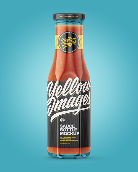 Glass Bottle with Red Sauce and Glossy Label Mockup