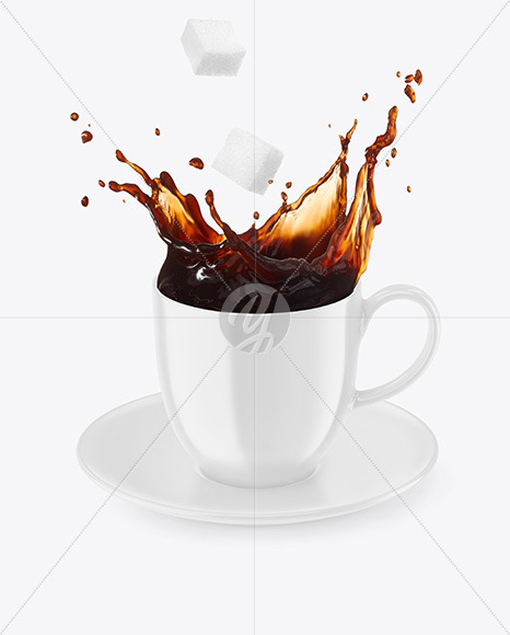 Glossy Coffee Cup &amp; Saucer w/ Splash Mockup