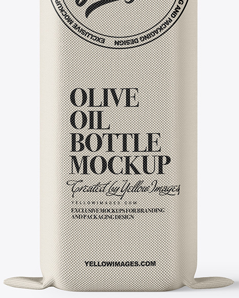 Empty Clear Glass Oil Bottle in Textile Sack Case Mockup