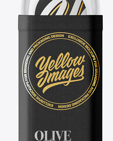 Empty Clear Glass Oil Bottle in Textile Sack Case Mockup