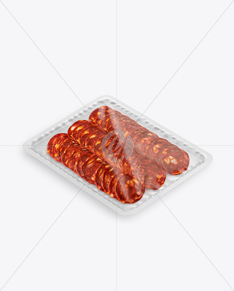 Plastic Tray With Glossy Film &amp; Chorizo Sausage Mockup Half View