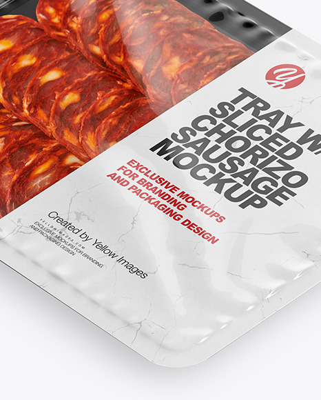 Plastic Tray With Glossy Film & Chorizo Sausage Mockup Half View