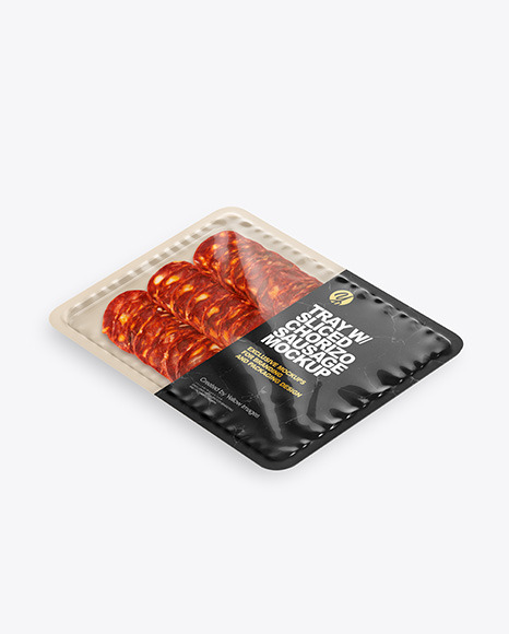 Plastic Tray With Glossy Film &amp; Chorizo Sausage Mockup Half View