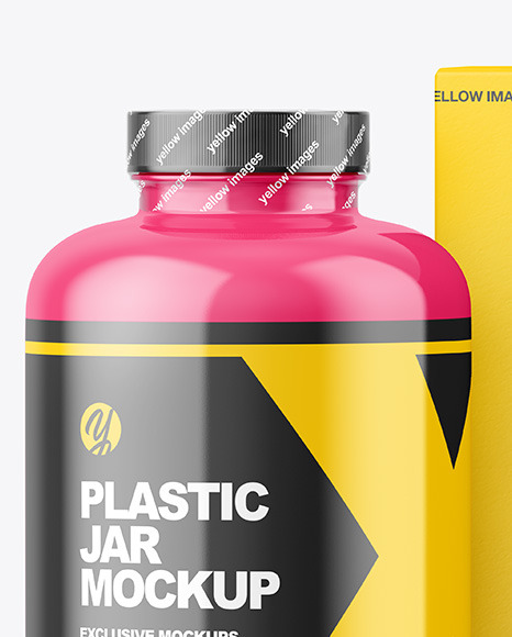 Glossy Plastic Jar with Paper Box Mockup