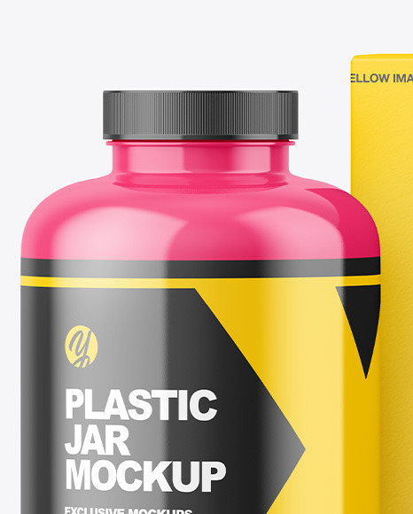 Glossy Plastic Jar with Paper Box Mockup