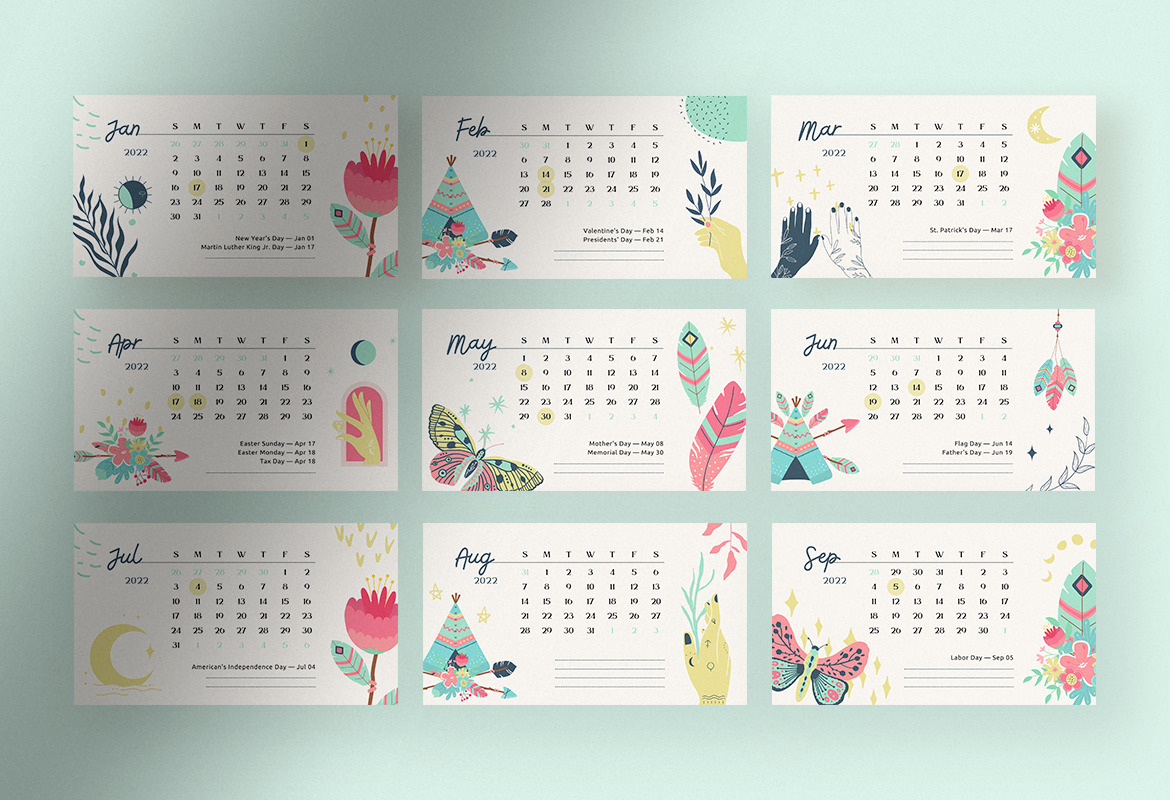 Nature Festival Pastel Boho Celestial Calendar 2022