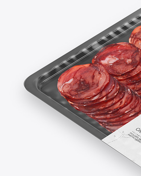 Plastic Tray With Glossy Film &amp; Sliced Bresaola Sausage Mockup