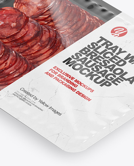 Plastic Tray With Glossy Film &amp; Sliced Bresaola Sausage Mockup