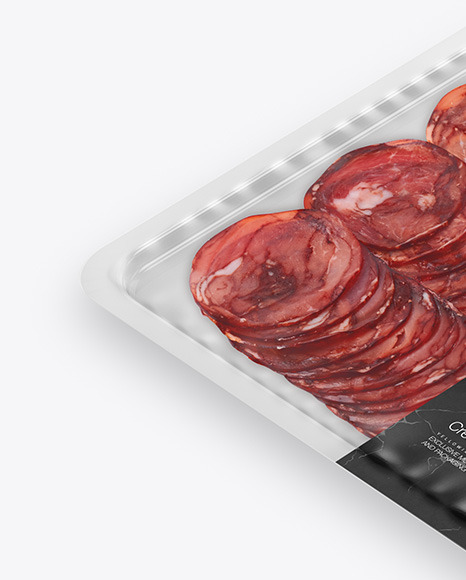 Plastic Tray With Matte Film &amp; Sliced Bresaola Sausage Mockup