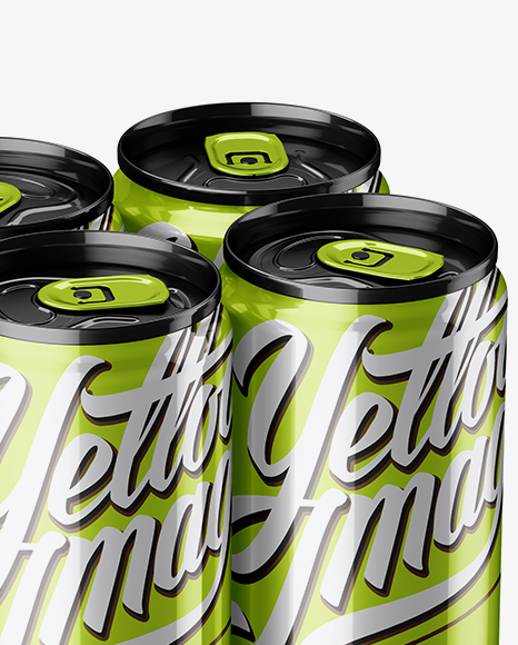 4 Metallic Aluminium Cans Mockup - Half Side View (High Angle Shot)