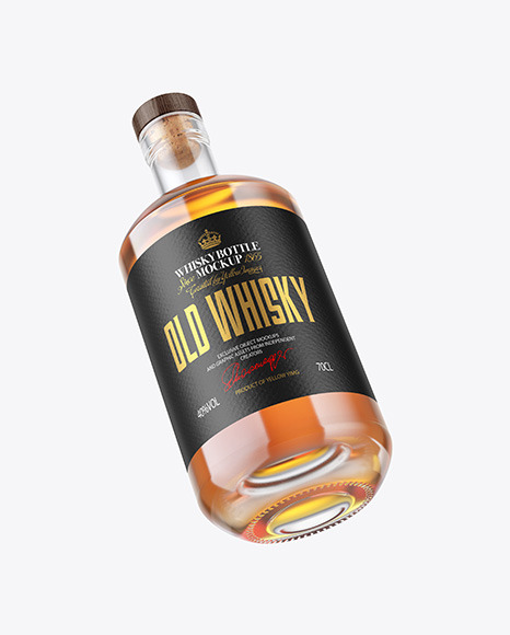 Clear Glass Whiskey Bottle with Wooden Cap Mockup