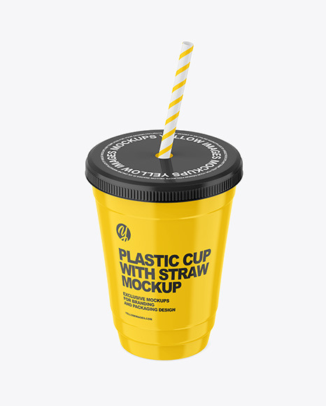 Glossy Plastic Cup with Straw Mockup