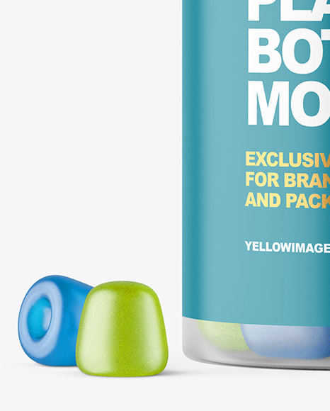 Frosted Plastic Bottle with Gummies Mockup Frosted Plastic Bottle with Gummies Mockup