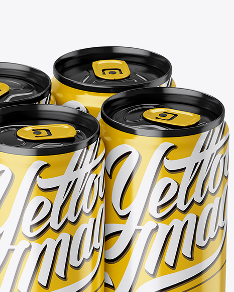 4 Glossy Aluminium Cans Mockup - Half Side View (High Angle Shot)