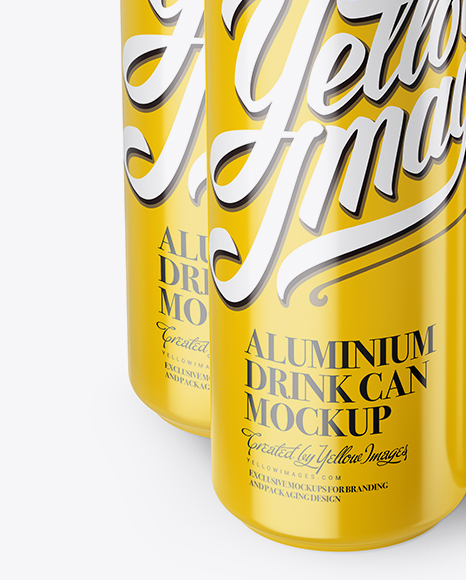 4 Glossy Aluminium Cans Mockup - Half Side View (High Angle Shot)