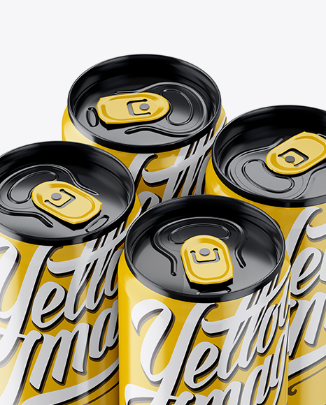 4 Glossy Aluminium Cans Mockup - Half Side View (High Angle Shot)