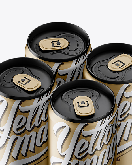 4 Matte Metallic Aluminium Cans Mockup - Half Side View (High Angle Shot)