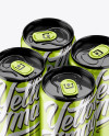 4 Metallic Aluminium Cans Mockup - Half Side View (High Angle Shot)