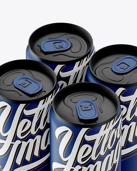 4 Matte Aluminium Cans Mockup - Half Side View (High Angle Shot)