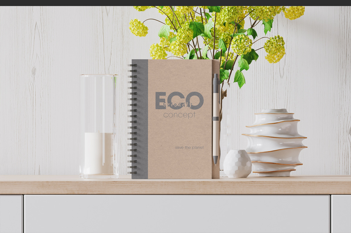 Kraft Paper Spiral Notebook With Pen Mockup Kraft Paper Spiral Notebook With Pen Mockup