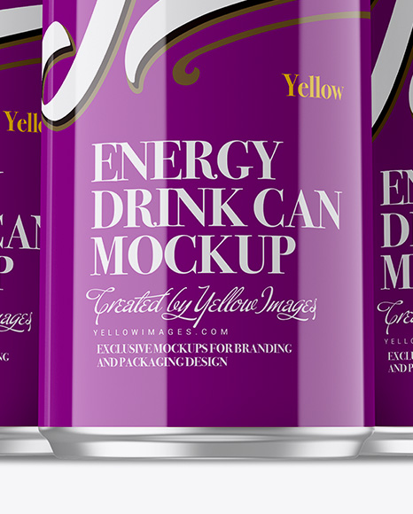 Three 250ml Aluminium Cans With Glossy Finish Mockup - Hero Shot