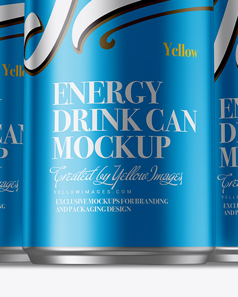 Three 250ml Aluminium Cans With Metallic Finish Mockup - Hero Shot