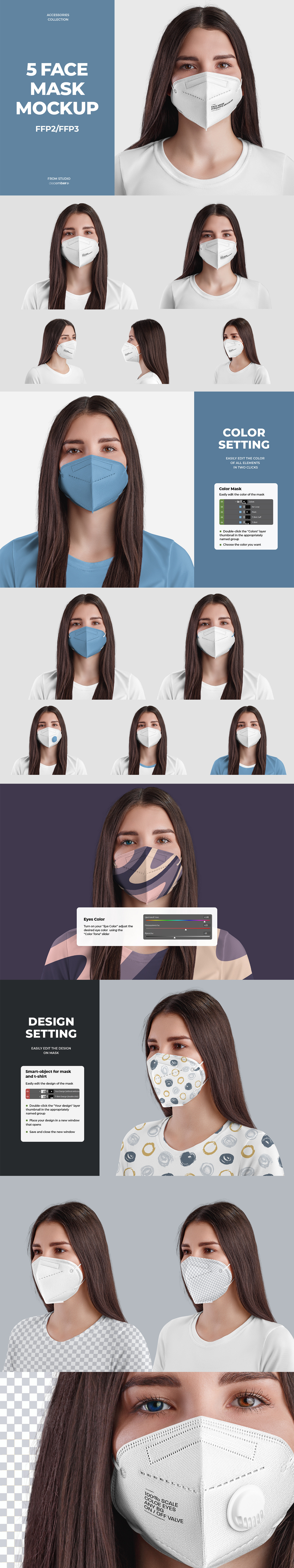 5 Mockups of Respirators (Masks) with FFP2 and FFP3 protection