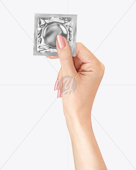 Glossy Metallic Square Condom Packaging in a Hand Mockup