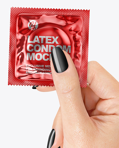 Glossy Metallic Square Condom Packaging in a Hand Mockup