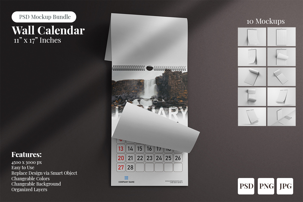 Wall Wire Calendar Vertical 11 x 17 Inches PSD Mockup Bundle