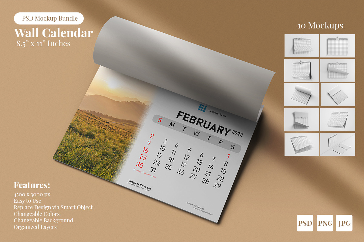 Wall Wire Calendar Landscape 8.5 x 11 Inches - PSD Mockup Bundle