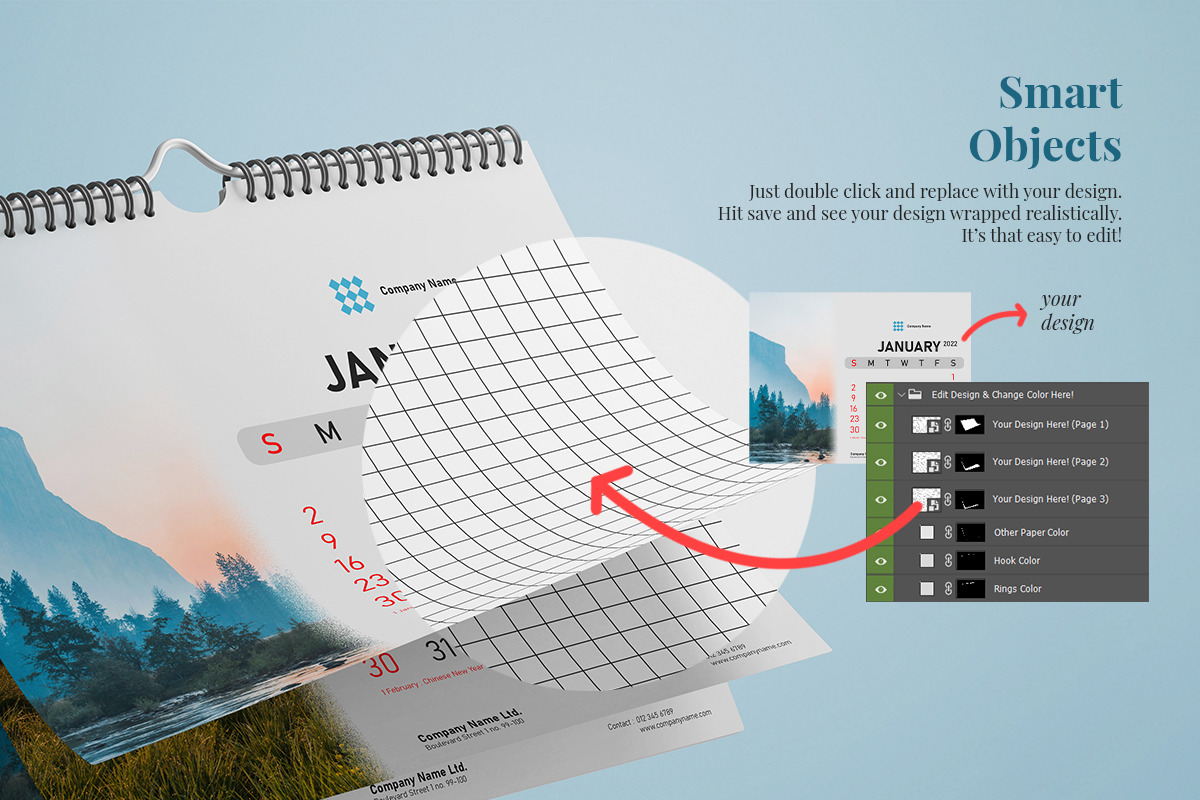 Wall Wire Calendar Landscape 8.5 x 11 Inches - PSD Mockup Bundle