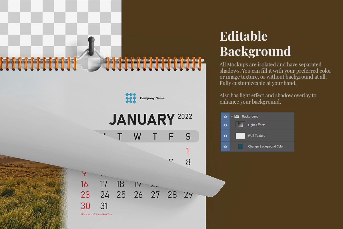 Wall Wire Calendar Landscape 8.5 x 11 Inches - PSD Mockup Bundle