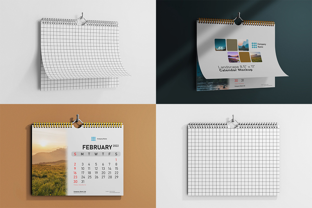 Wall Wire Calendar Landscape 8.5 x 11 Inches - PSD Mockup Bundle