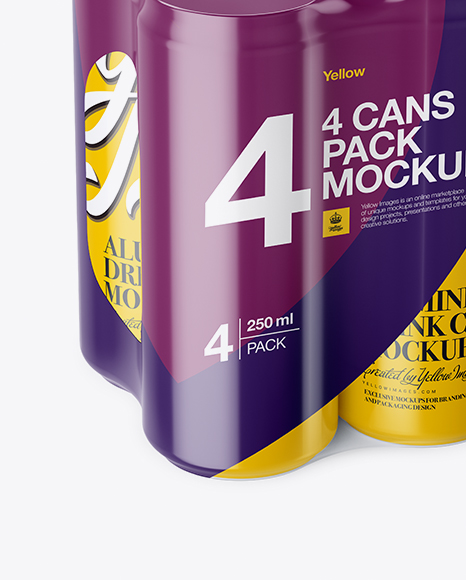 4 Glossy Cans in Shrink Wrap Mockup - Half Side View (High Angle Shot)