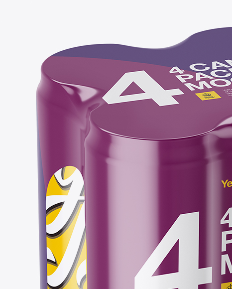 4 Glossy Cans in Shrink Wrap Mockup - Half Side View (High Angle Shot)