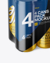 4 Metallic Cans in Shrink Wrap Mockup - Half Side View (High Angle Shot)