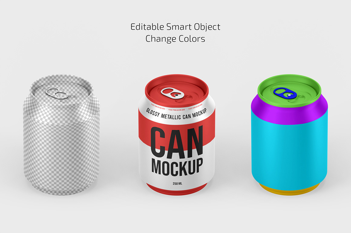 250ml Glossy Metallic Can Mockup Set 250ml Glossy Metallic Can Mockup Set
