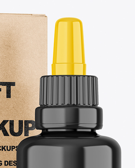 Glossy Plastic Dropper Bottle & Kraft Box Mockup